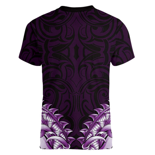New Zealand Ta Moko Women V-Neck T-Shirt Aotearoa Maori Chest Tattoo Purple