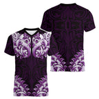 New Zealand Ta Moko Women V-Neck T-Shirt Aotearoa Maori Chest Tattoo Purple