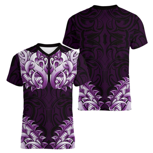 New Zealand Ta Moko Women V-Neck T-Shirt Aotearoa Maori Chest Tattoo Purple