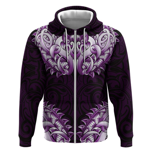 New Zealand Ta Moko Zip Hoodie Aotearoa Maori Chest Tattoo Purple