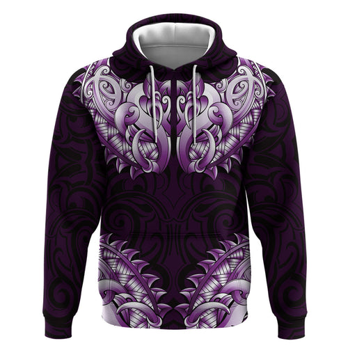 New Zealand Ta Moko Zip Hoodie Aotearoa Maori Chest Tattoo Purple