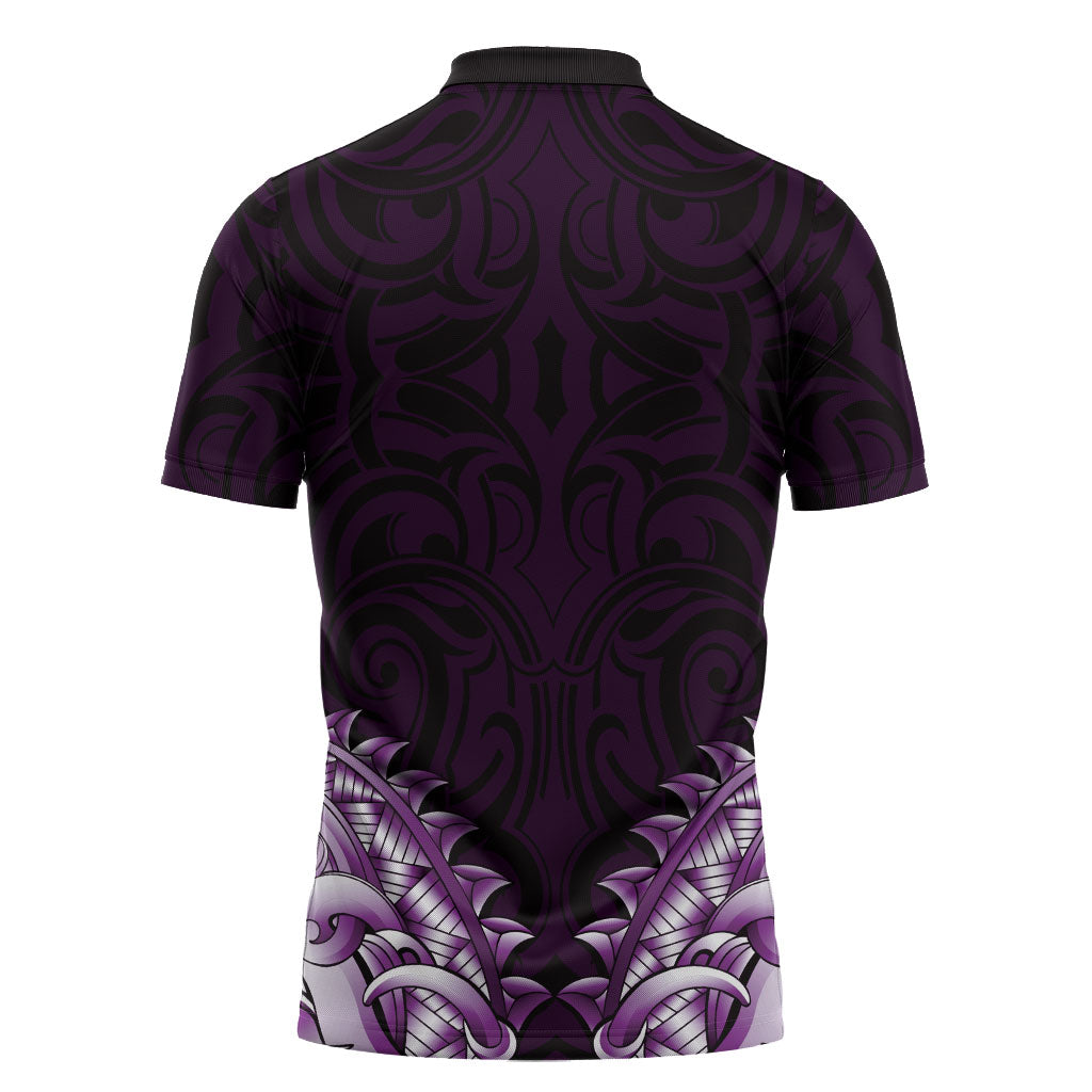 New Zealand Ta Moko Zipper Polo Shirt Aotearoa Maori Chest Tattoo Purple