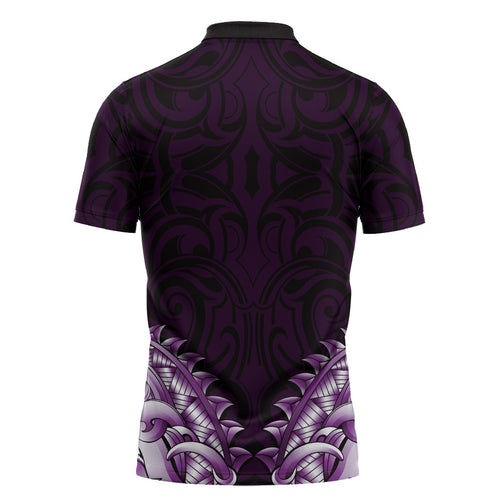New Zealand Ta Moko Zipper Polo Shirt Aotearoa Maori Chest Tattoo Purple