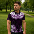 New Zealand Ta Moko Zipper Polo Shirt Aotearoa Maori Chest Tattoo Purple