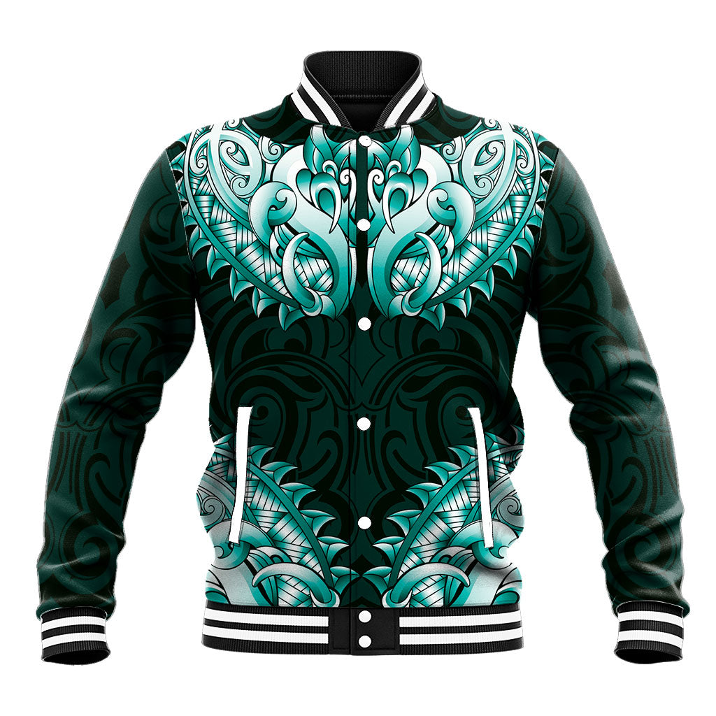 New Zealand Ta Moko Baseball Jacket Aotearoa Maori Chest Tattoo Turquoise