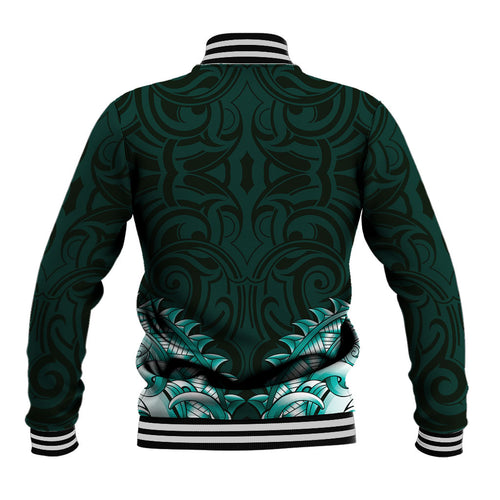 New Zealand Ta Moko Baseball Jacket Aotearoa Maori Chest Tattoo Turquoise