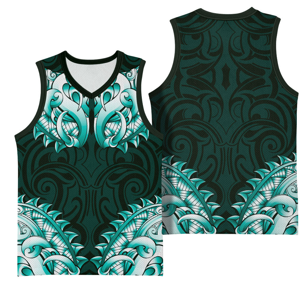 New Zealand Ta Moko Basketball Jersey Aotearoa Maori Chest Tattoo Turquoise