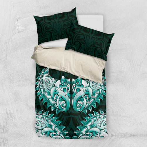 New Zealand Ta Moko Bedding Set Aotearoa Maori Chest Tattoo Turquoise