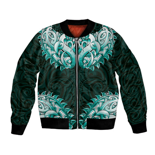 New Zealand Ta Moko Bomber Jacket Aotearoa Maori Chest Tattoo Turquoise