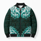 New Zealand Ta Moko Bomber Puffer Jacket Aotearoa Maori Chest Tattoo Turquoise
