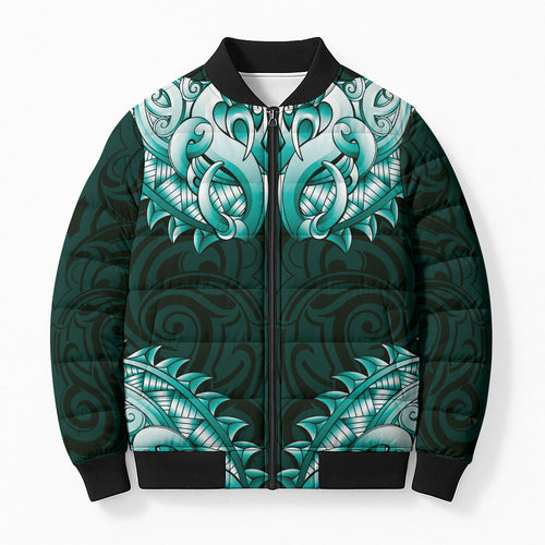 New Zealand Ta Moko Bomber Puffer Jacket Aotearoa Maori Chest Tattoo Turquoise
