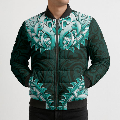 New Zealand Ta Moko Bomber Puffer Jacket Aotearoa Maori Chest Tattoo Turquoise