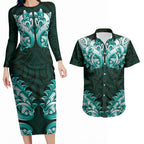 New Zealand Ta Moko Couples Matching Long Sleeve Bodycon Dress and Hawaiian Shirt Aotearoa Maori Chest Tattoo Turquoise