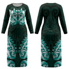 New Zealand Ta Moko Couples Matching Long Sleeve Bodycon Dress and Hawaiian Shirt Aotearoa Maori Chest Tattoo Turquoise