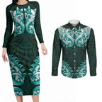 New Zealand Ta Moko Couples Matching Long Sleeve Bodycon Dress and Long Sleeve Button Shirt Aotearoa Maori Chest Tattoo Turquoise