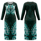 New Zealand Ta Moko Couples Matching Long Sleeve Bodycon Dress and Long Sleeve Button Shirt Aotearoa Maori Chest Tattoo Turquoise