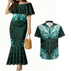 New Zealand Ta Moko Couples Matching Mermaid Dress and Hawaiian Shirt Aotearoa Maori Chest Tattoo Turquoise