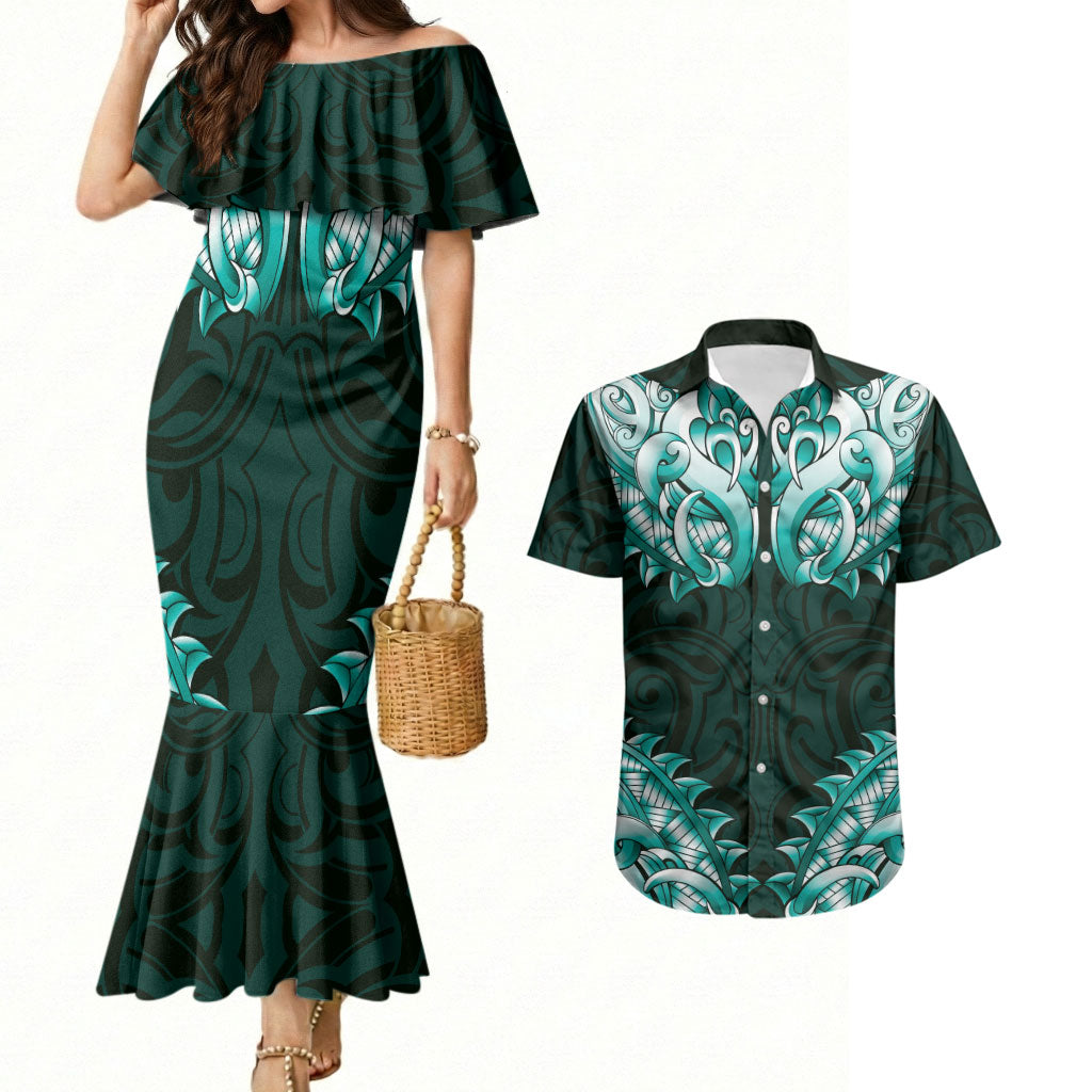New Zealand Ta Moko Couples Matching Mermaid Dress and Hawaiian Shirt Aotearoa Maori Chest Tattoo Turquoise