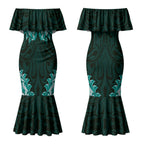 New Zealand Ta Moko Couples Matching Mermaid Dress and Hawaiian Shirt Aotearoa Maori Chest Tattoo Turquoise