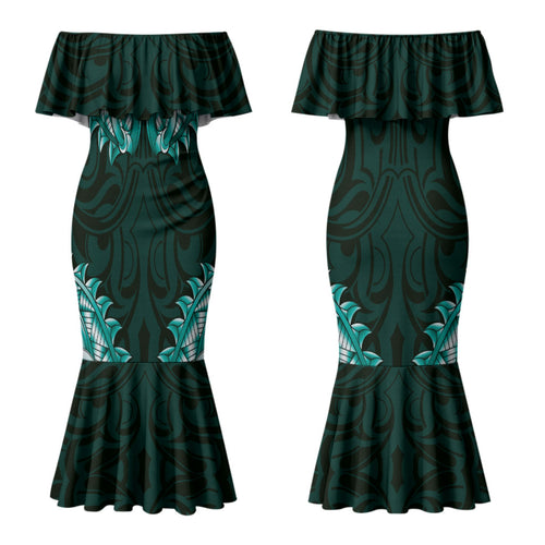 New Zealand Ta Moko Couples Matching Mermaid Dress and Hawaiian Shirt Aotearoa Maori Chest Tattoo Turquoise
