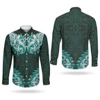 New Zealand Ta Moko Couples Matching Mermaid Dress and Long Sleeve Button Shirt Aotearoa Maori Chest Tattoo Turquoise