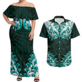 New Zealand Ta Moko Couples Matching Off Shoulder Maxi Dress and Hawaiian Shirt Aotearoa Maori Chest Tattoo Turquoise