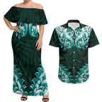 New Zealand Ta Moko Couples Matching Off Shoulder Maxi Dress and Hawaiian Shirt Aotearoa Maori Chest Tattoo Turquoise