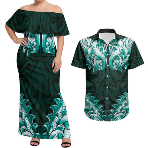 New Zealand Ta Moko Couples Matching Off Shoulder Maxi Dress and Hawaiian Shirt Aotearoa Maori Chest Tattoo Turquoise