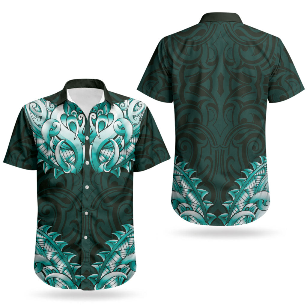 New Zealand Ta Moko Couples Matching Off Shoulder Maxi Dress and Hawaiian Shirt Aotearoa Maori Chest Tattoo Turquoise