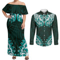 New Zealand Ta Moko Couples Matching Off Shoulder Maxi Dress and Long Sleeve Button Shirt Aotearoa Maori Chest Tattoo Turquoise