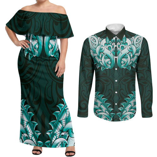 New Zealand Ta Moko Couples Matching Off Shoulder Maxi Dress and Long Sleeve Button Shirt Aotearoa Maori Chest Tattoo Turquoise