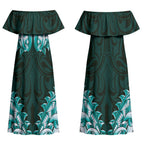 New Zealand Ta Moko Couples Matching Off Shoulder Maxi Dress and Long Sleeve Button Shirt Aotearoa Maori Chest Tattoo Turquoise