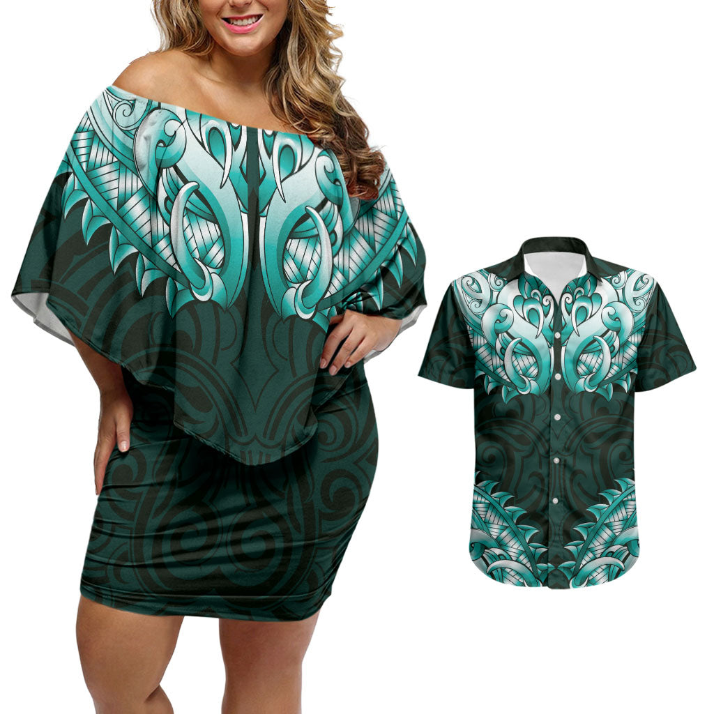 New Zealand Ta Moko Couples Matching Off Shoulder Short Dress and Hawaiian Shirt Aotearoa Maori Chest Tattoo Turquoise