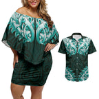 New Zealand Ta Moko Couples Matching Off Shoulder Short Dress and Hawaiian Shirt Aotearoa Maori Chest Tattoo Turquoise