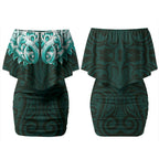 New Zealand Ta Moko Couples Matching Off Shoulder Short Dress and Long Sleeve Button Shirt Aotearoa Maori Chest Tattoo Turquoise