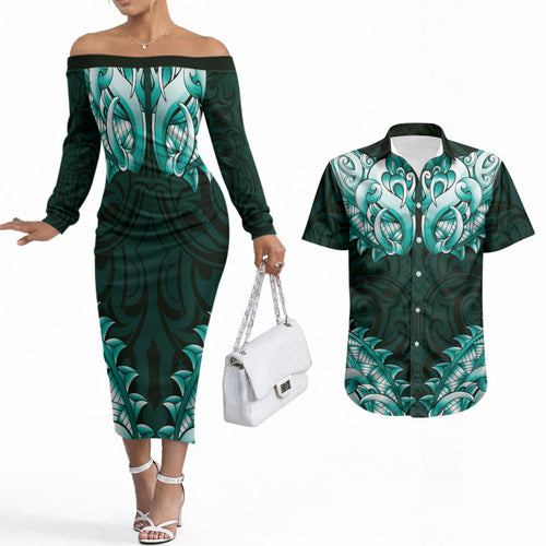 New Zealand Ta Moko Couples Matching Off The Shoulder Long Sleeve Dress and Hawaiian Shirt Aotearoa Maori Chest Tattoo Turquoise