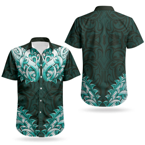 New Zealand Ta Moko Couples Matching Off The Shoulder Long Sleeve Dress and Hawaiian Shirt Aotearoa Maori Chest Tattoo Turquoise
