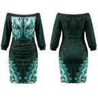 New Zealand Ta Moko Couples Matching Off The Shoulder Long Sleeve Dress and Hawaiian Shirt Aotearoa Maori Chest Tattoo Turquoise