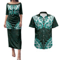 New Zealand Ta Moko Couples Matching Puletasi and Hawaiian Shirt Aotearoa Maori Chest Tattoo Turquoise