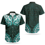 New Zealand Ta Moko Couples Matching Puletasi and Hawaiian Shirt Aotearoa Maori Chest Tattoo Turquoise