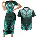 New Zealand Ta Moko Couples Matching Short Sleeve Bodycon Dress and Hawaiian Shirt Aotearoa Maori Chest Tattoo Turquoise