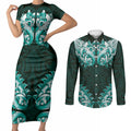 New Zealand Ta Moko Couples Matching Short Sleeve Bodycon Dress and Long Sleeve Button Shirt Aotearoa Maori Chest Tattoo Turquoise