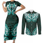 New Zealand Ta Moko Couples Matching Short Sleeve Bodycon Dress and Long Sleeve Button Shirt Aotearoa Maori Chest Tattoo Turquoise