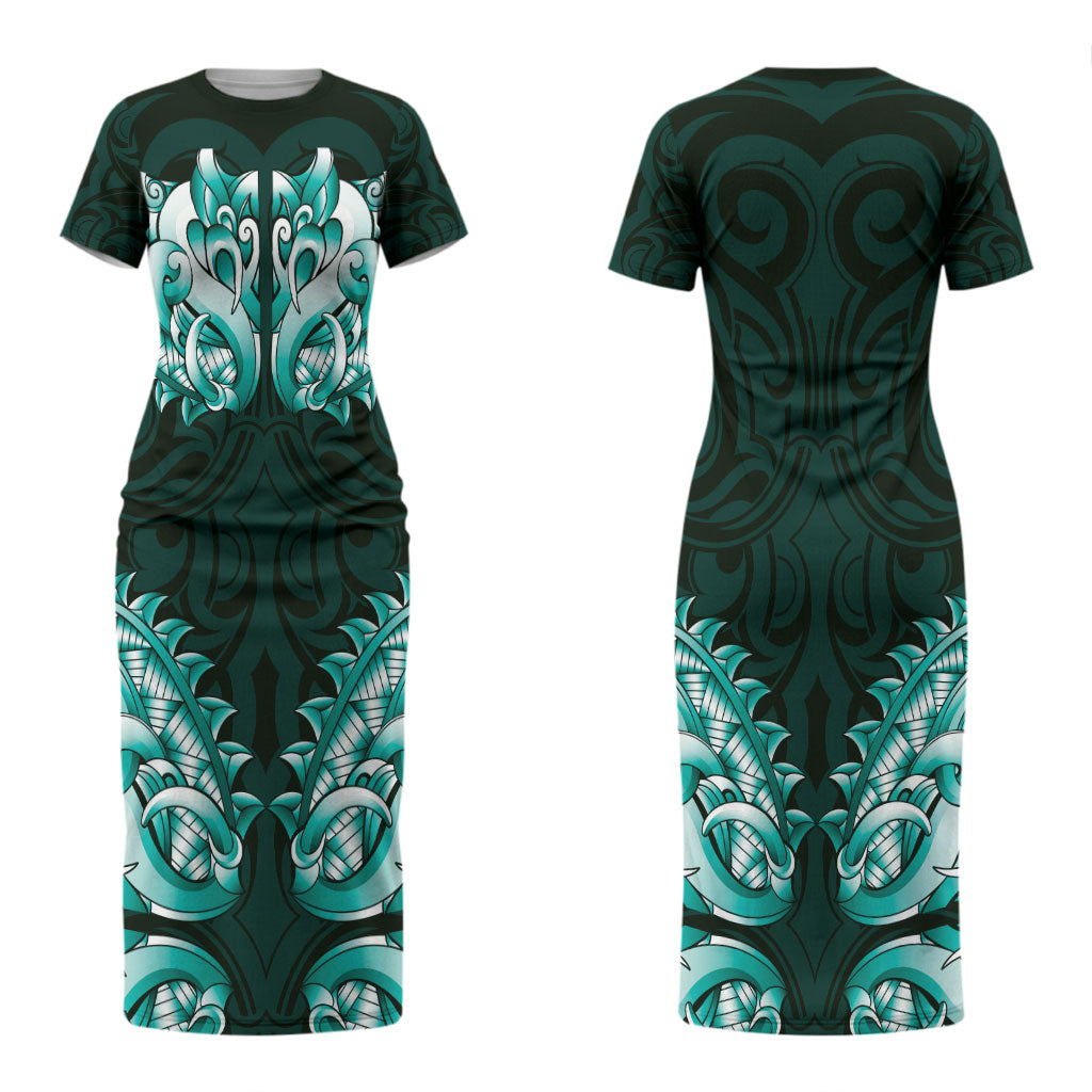 New Zealand Ta Moko Couples Matching Short Sleeve Bodycon Dress and Long Sleeve Button Shirt Aotearoa Maori Chest Tattoo Turquoise