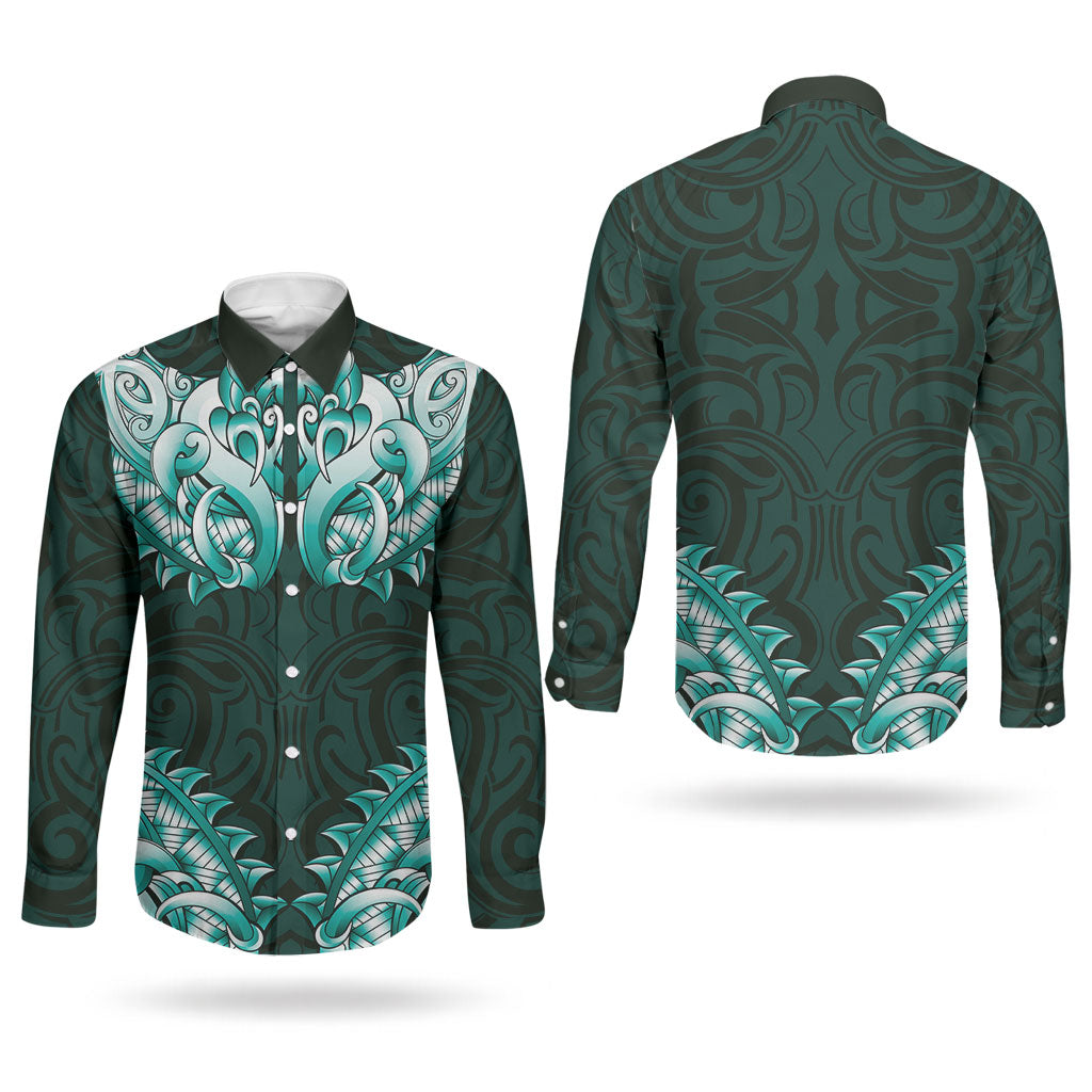 New Zealand Ta Moko Couples Matching Summer Maxi Dress and Long Sleeve Button Shirt Aotearoa Maori Chest Tattoo Turquoise
