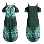 New Zealand Ta Moko Couples Matching Summer Maxi Dress and Long Sleeve Button Shirt Aotearoa Maori Chest Tattoo Turquoise