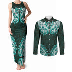New Zealand Ta Moko Couples Matching Tank Maxi Dress and Long Sleeve Button Shirt Aotearoa Maori Chest Tattoo Turquoise