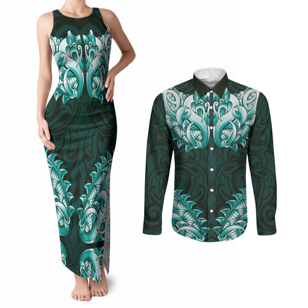 New Zealand Ta Moko Couples Matching Tank Maxi Dress and Long Sleeve Button Shirt Aotearoa Maori Chest Tattoo Turquoise
