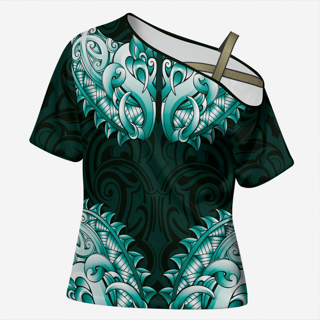 New Zealand Ta Moko Cross Shoulder Shirt Aotearoa Maori Chest Tattoo Turquoise
