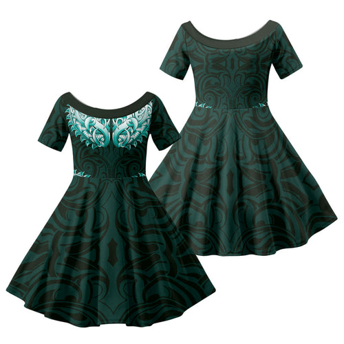 New Zealand Ta Moko Family Matching Long Sleeve Bodycon Dress and Hawaiian Shirt Aotearoa Maori Chest Tattoo Turquoise